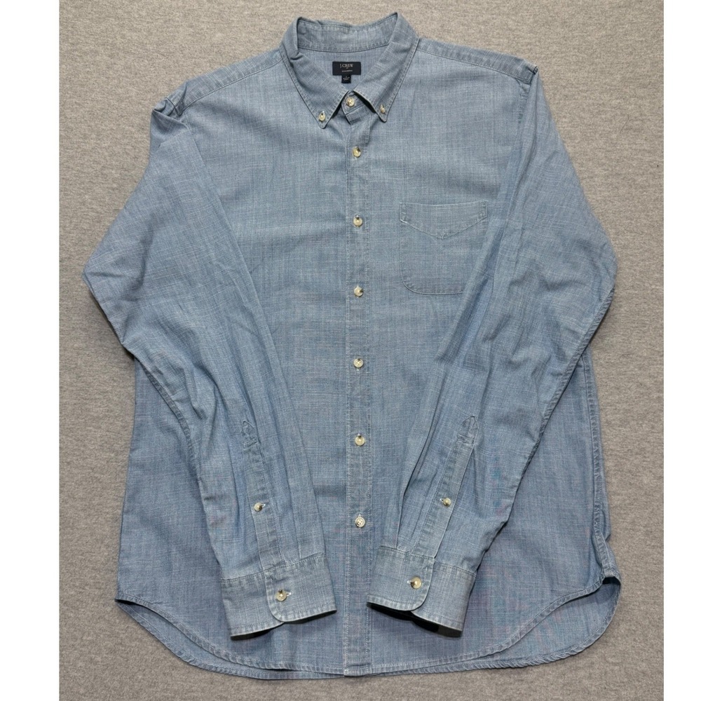 J.Crew Mens Large Blue Chambray Long Sleeve Button Down Shirt 06011 Cotton